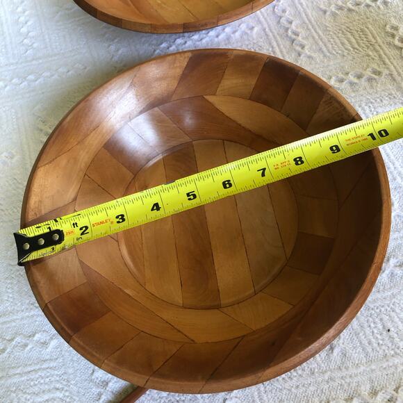 Vintage Segmented Wood Salad Bowls Set of 2 (10") Mid‑Century Modern Serving - Picture 9 of 11